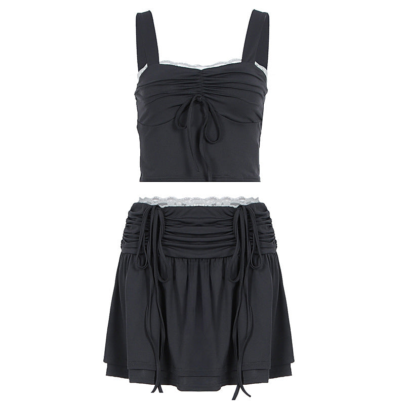 Damen modisches Crop-Top und Rock Set mit Raffungen und Bindedetails Drune