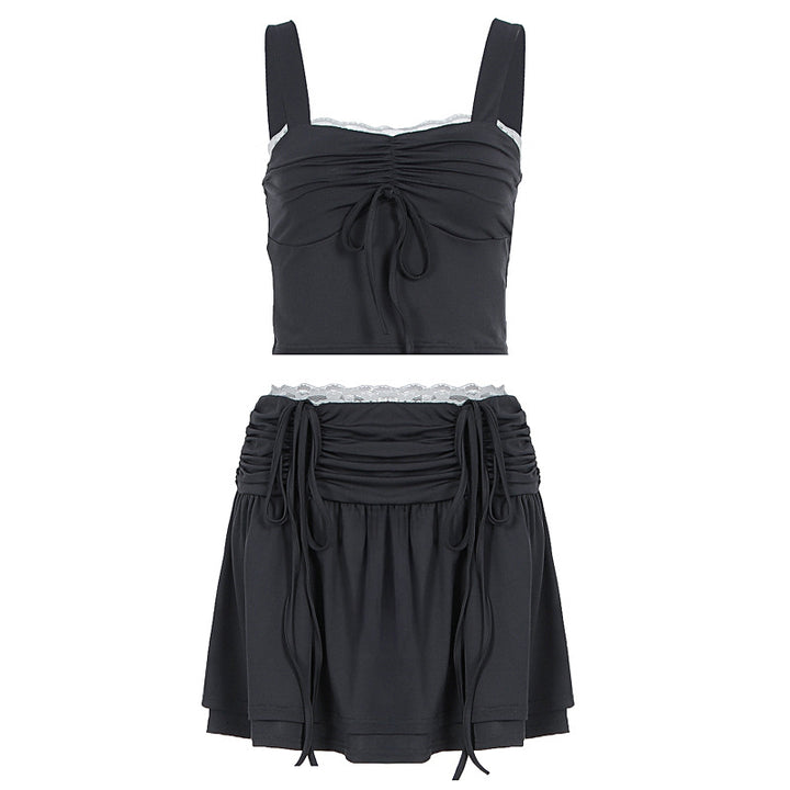 Damen modisches Crop-Top und Rock Set mit Raffungen und Bindedetails Drune