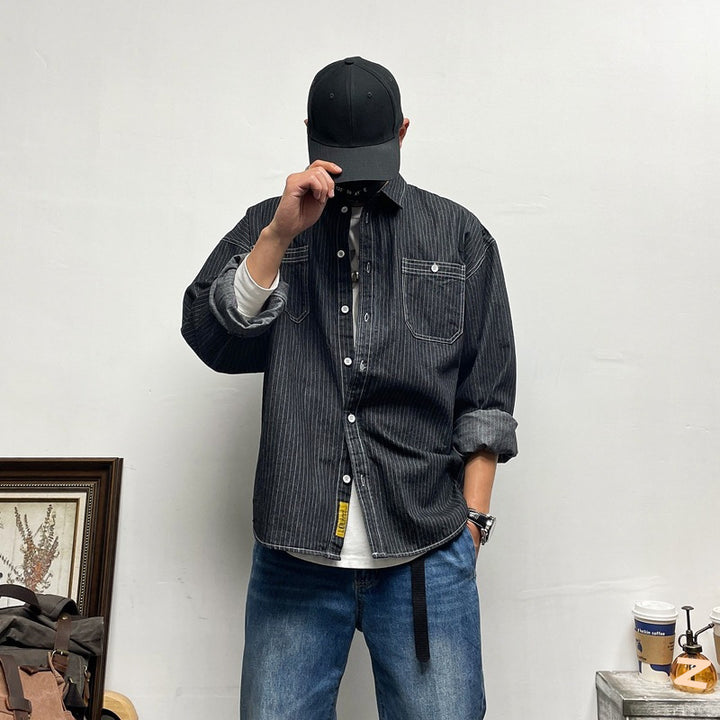 Herren Lässige Denim-Hemdjacke mit Streifen Drune