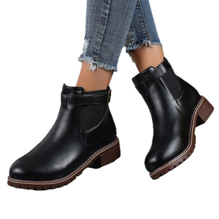 Damen Wildleder-Optik Chelsea-Stiefelette mit dekorativem Schnallenriemen, elastischem Einsatz und grober Profilsohle Drune
