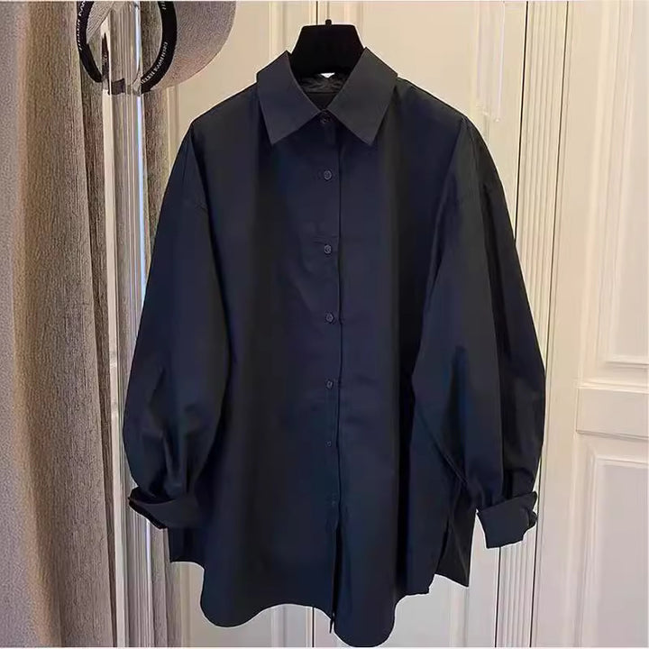 Damen Oversize-Hemdbluse mit Ballonärmeln und klassischem Kragen Drune