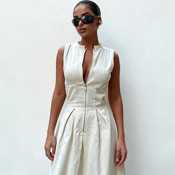 Damen elegantes Sommerkleid mit hochwertigem Reißverschluss und schwingendem Saum Drune