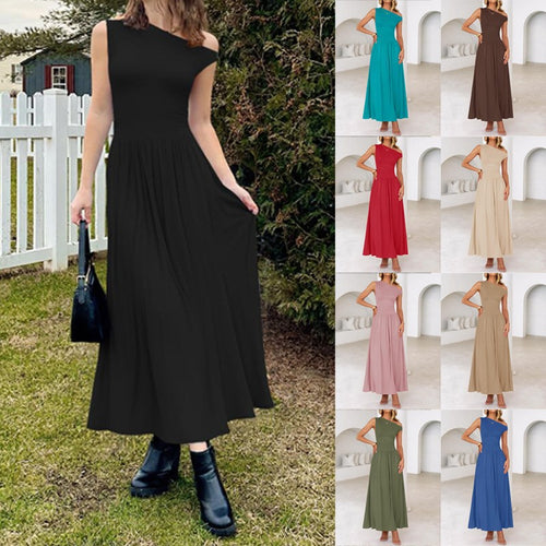 Damen Asymmetrisches Maxikleid mit One-Shoulder, Taillenbetonung und Seitentaschen Drune