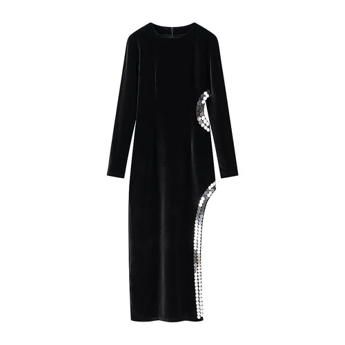 Damen Figurbetontes Samt-Maxikleid mit langen Ärmeln und seitlicher Pailletten-Detailierung Drune