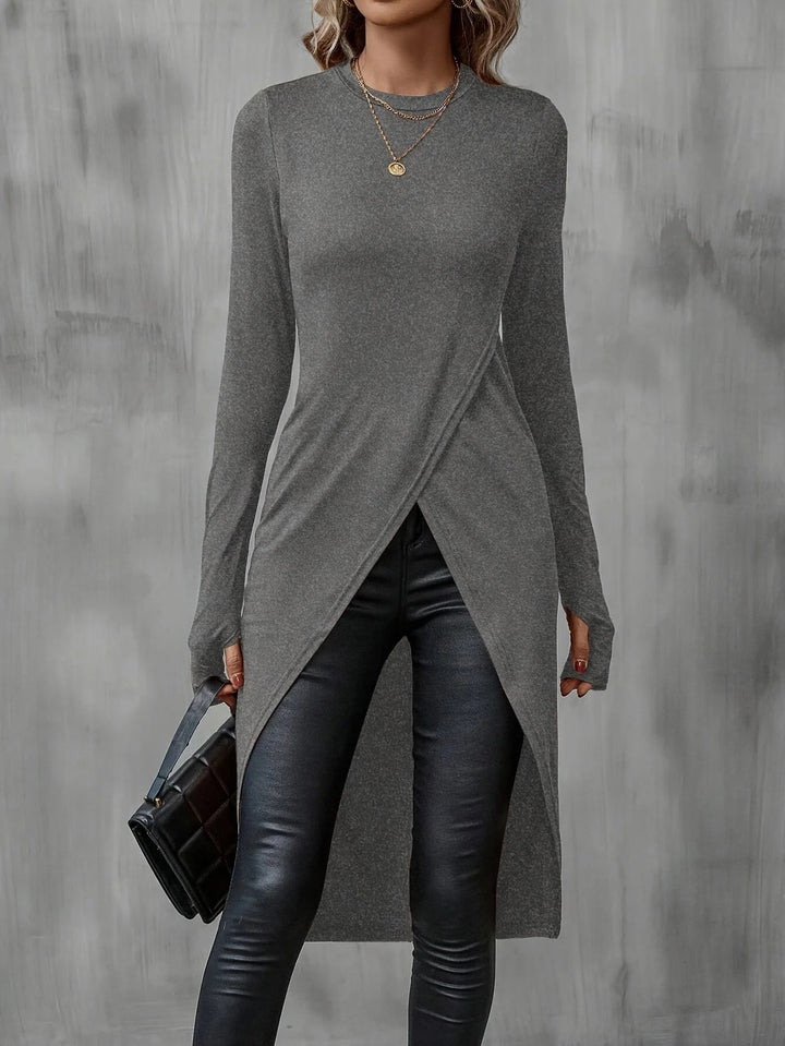Damen Langes asymmetrisches Wickel-Tunika-Top mit Frontschlitz Drune