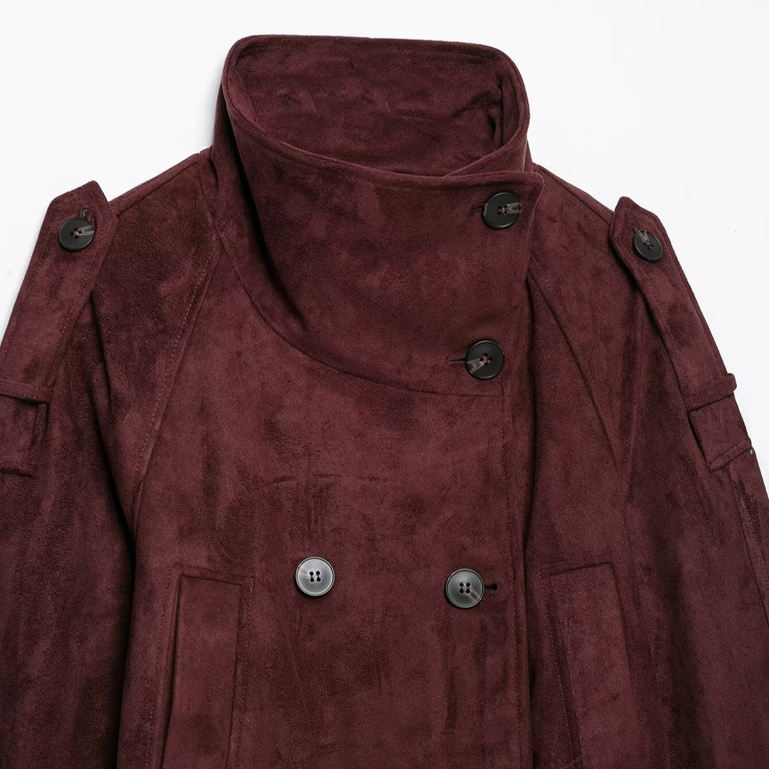 Damen Kurze Trenchjacke aus Veloursoptik mit hohem Stehkragen und Bindegürtel Drune