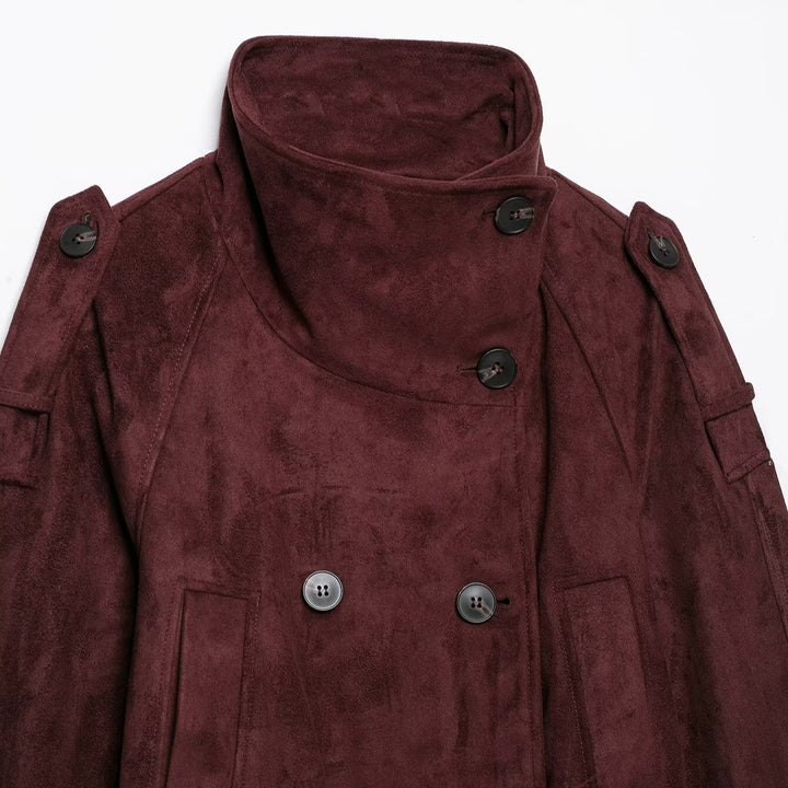 Damen Kurze Trenchjacke aus Veloursoptik mit hohem Stehkragen und Bindegürtel Drune