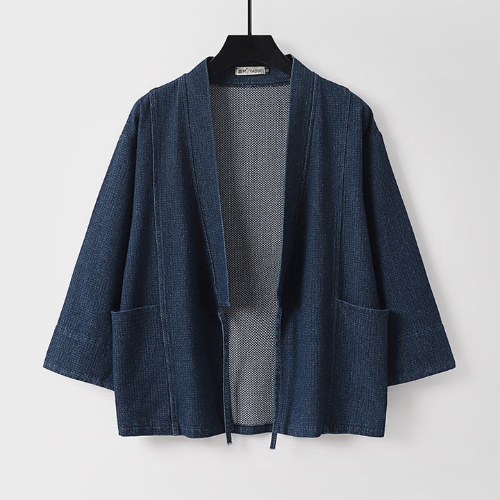 Unisex Jeans-Kimono-Jacke mit Bindegürtel und aufgesetzten Taschen Drune