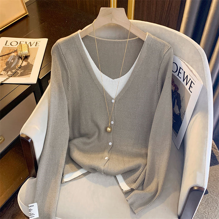 Damen lässige Strickjacke mit feiner Rippstruktur und tiefem V-Ausschnitt Drune