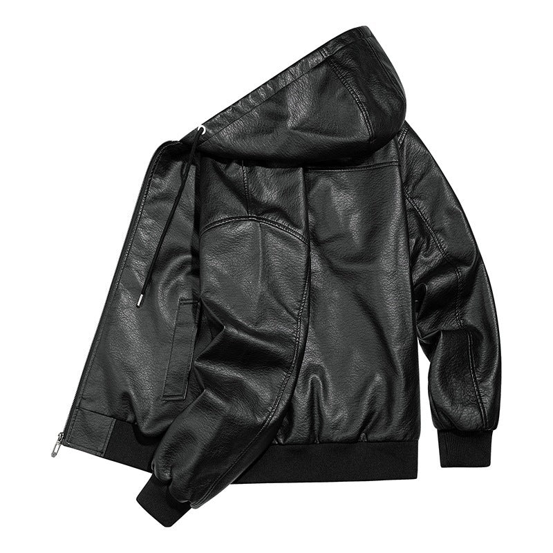 Herren Lässige Lederjacke mit Kapuze Drune