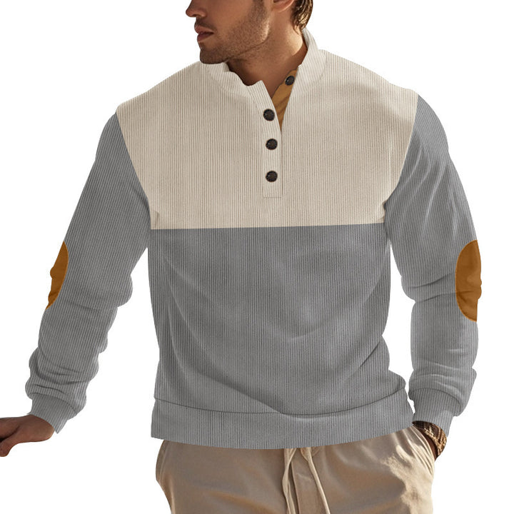 Herren nan Rippenstrickpullover mit Stehkragen Knopfleiste und Leder-Ellbogenpatches Drune