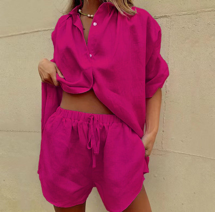 Damen lässiges Leinen-Set mit oversized Hemd und kurzen Hosen Drune