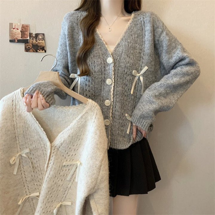 Damen gemütlicher Strickcardigan mit Schleifen Drune