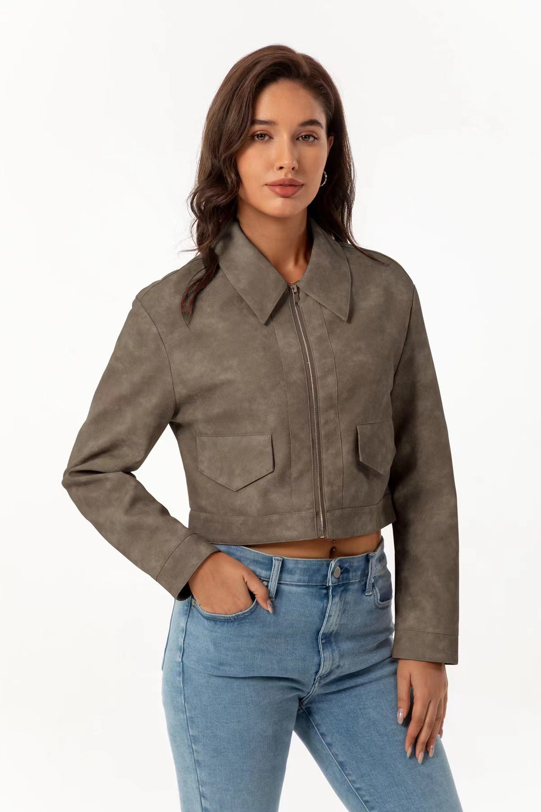 Damen modische cropped Jacke mit aufgesetzten Taschen Drune