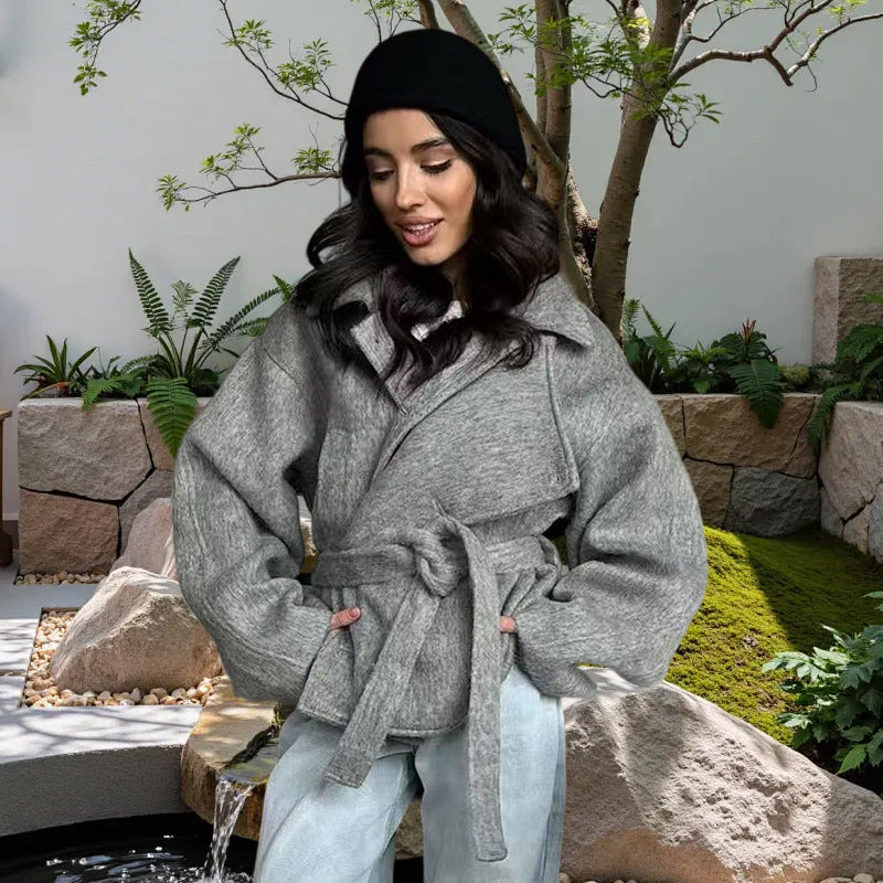 Damen Oversized Wollmantel mit Gürtel Drune