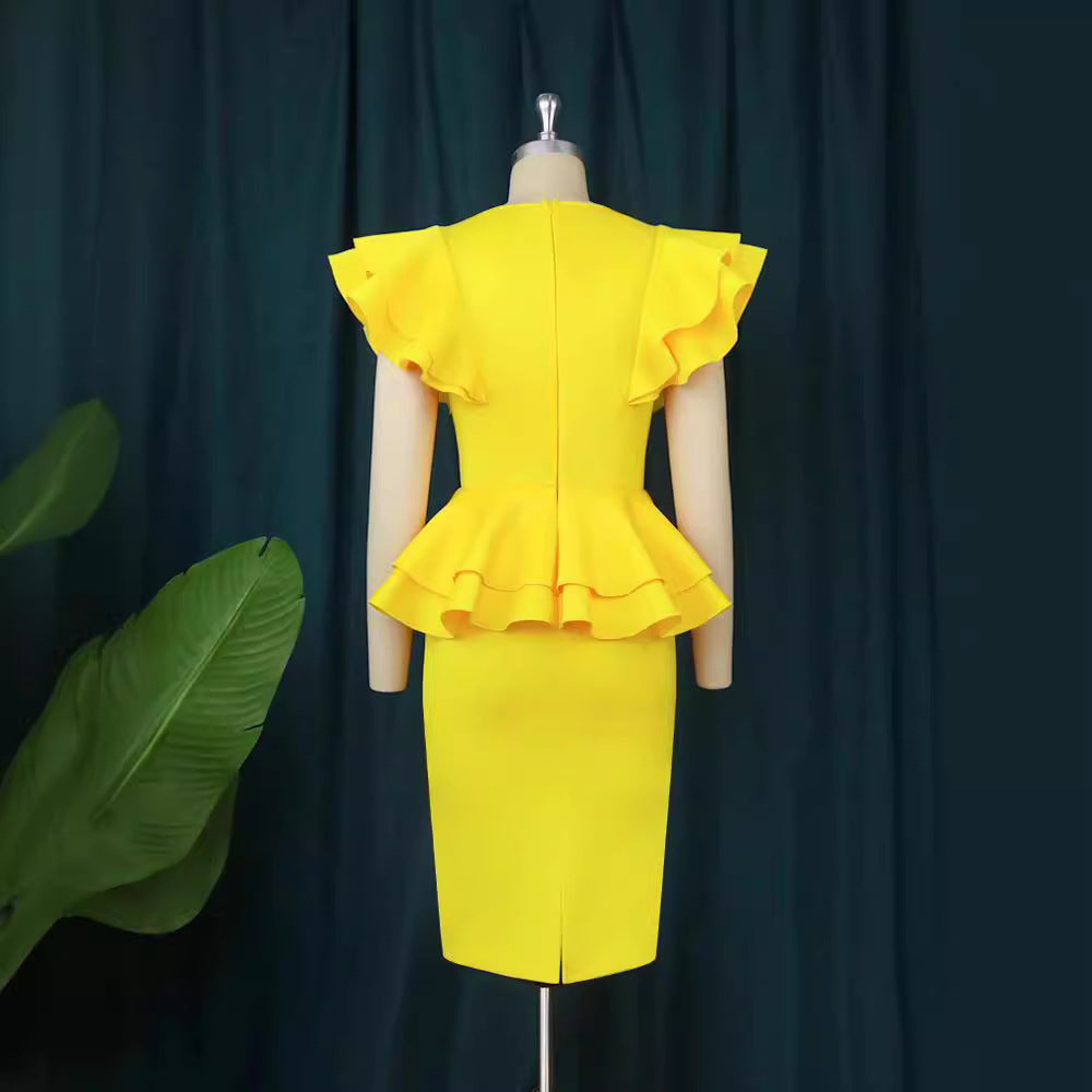Damen figurbetontes Kleid mit voluminösem Rüschenabschluss Drune