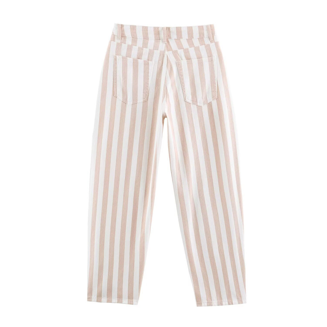 Damen Gestreifte High-Waist-Hose mit geradem Bein Drune