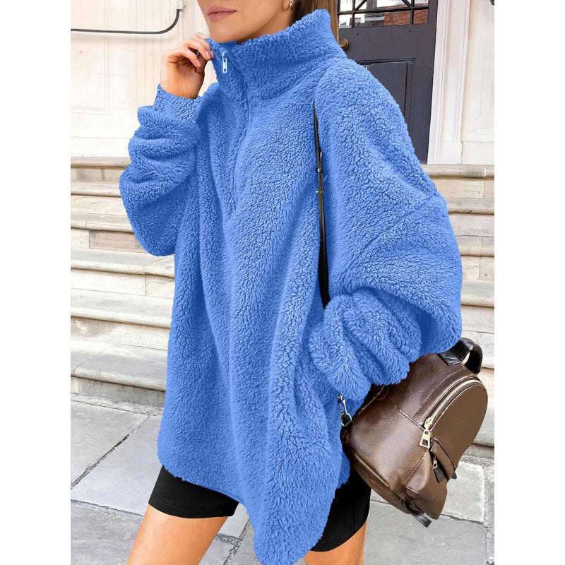 Damen Flauschiger Oversize-Sherpa-Pullover mit Halbzip und Kängurutaschen Drune