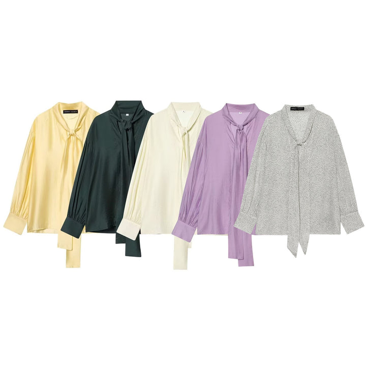 Damen nan gepunktete Bindeschal-Bluse mit V-Ausschnitt, Knotenband und legerem Fall Drune