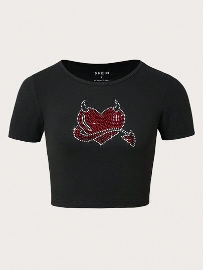 Damen Cropped T-Shirt mit kreativem Skelettdesign Drune