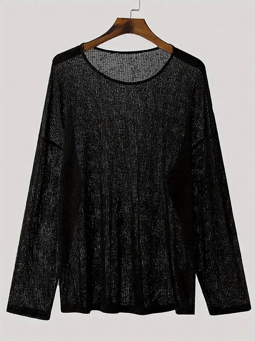 Damen nan locker fallendes Langarm-Feinstrickshirt mit feinem Rippenmuster und Rundhalsausschnitt Drune