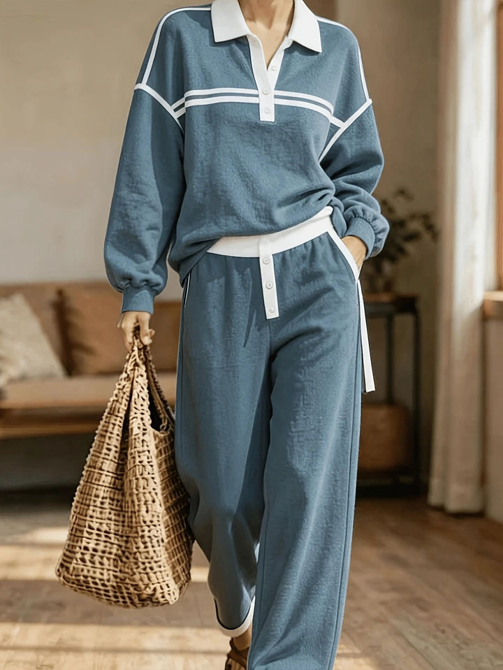 Damen Lounge-Set aus weichem Jersey mit Polokragen, Kontraststreifen und weiter Jogpant Drune