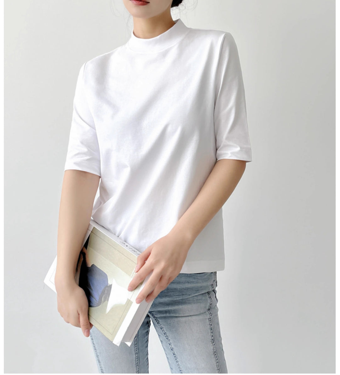 Damen Kurzarm-Top mit Stehkragen und leichter Boxy-Silhouette Drune