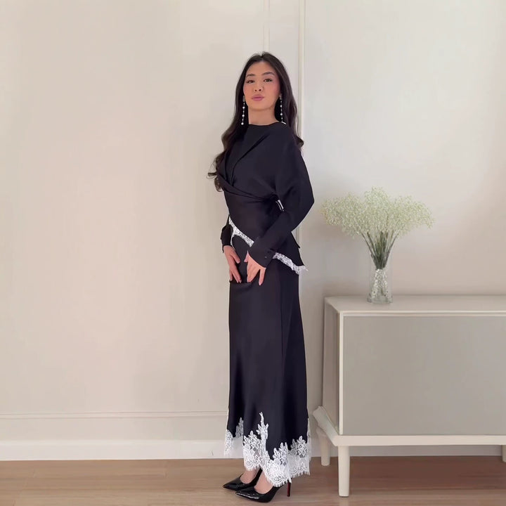 Damen Elegantes Wickelblusen- und Midirock-Set mit Spitzenbesatz Drune