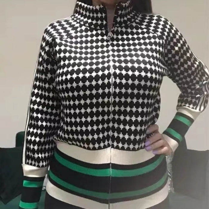 Damen Sportlicher Strickpullover mit Stehkragen und grafischem Muster Drune