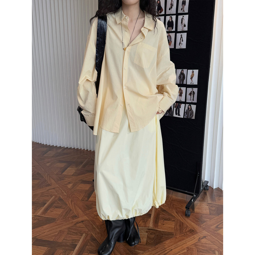 Damen Langgeschnittene Oversize-Hemdbluse aus leichter Baumwoll-Popeline mit Brusttasche und abgerundetem Saum Drune