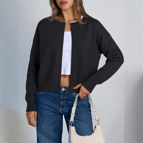 Damen Cropped Strickjacke im Boxy‑Schnitt mit Rundhals und Rippbündchen Drune