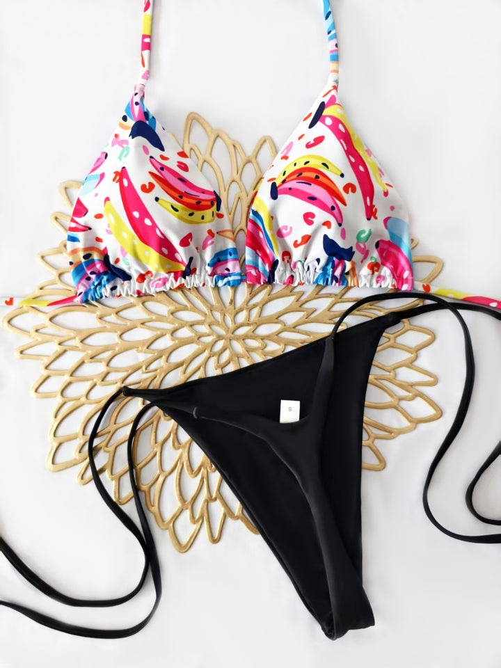 Damen Bikini-Set mit buntem Obstmuster und seitlichem Knoten Drune