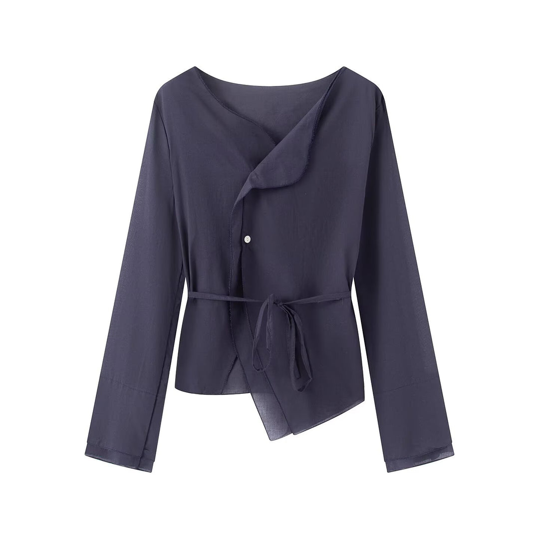 Damen Wickelbluse mit asymmetrischer Vorderseite, V‑Ausschnitt und Bindegürtel Drune