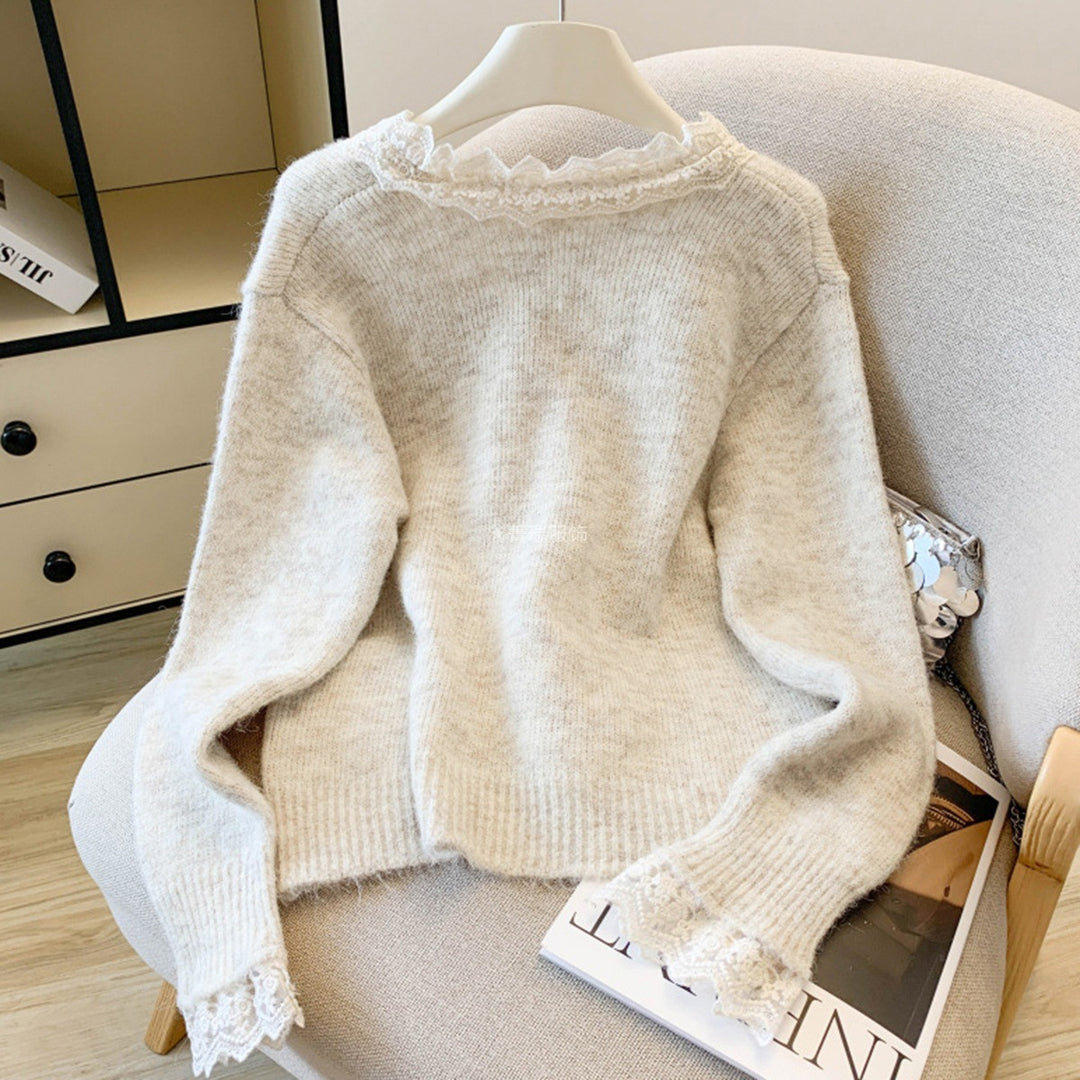 Damen Eleganter Strickpullover mit Spitzenverzierung Drune