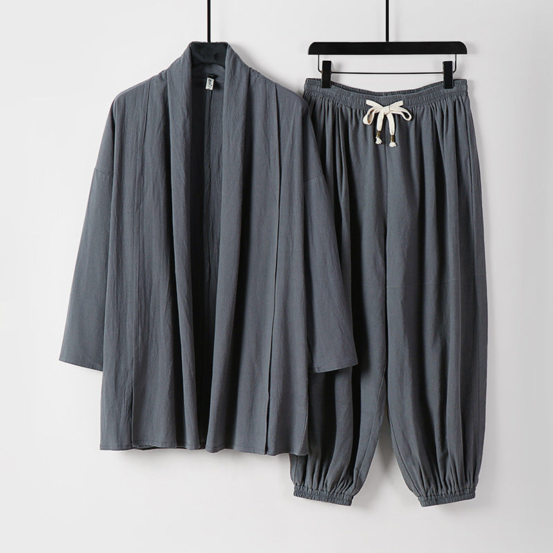 Unisex Entspanntes Kimono-Zweiteiler aus Baumwollmusselin mit Schalkragenjacke und geraffter Knöchelhose Drune