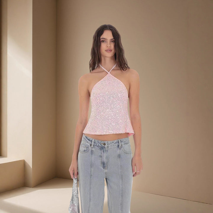 Damen Glitzerndes Crop-Top mit schmalen Trägern und asymmetrischem Design Drune