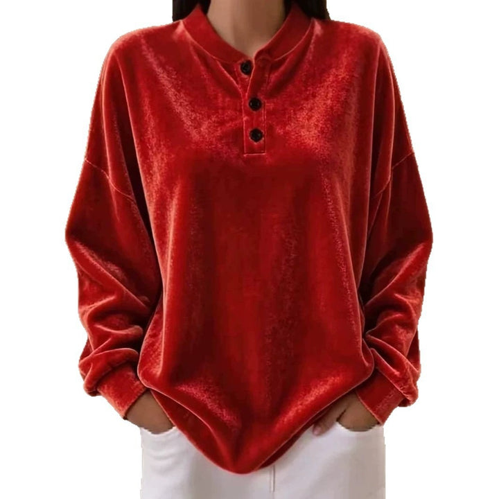 Damen Lässiges Oversize Samt-Henleyshirt mit Knopfleiste Drune