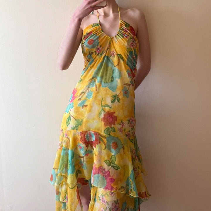 Damen Maxi-Kleid mit floralen Rüschen und tiefem V-Ausschnitt Drune