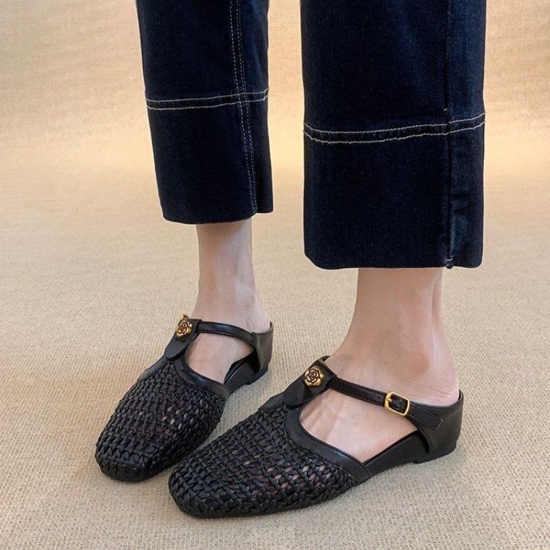 Damen Geflochtene Mule-Ballerinas mit T-Riemen und dekorativer Rosenapplikation Drune
