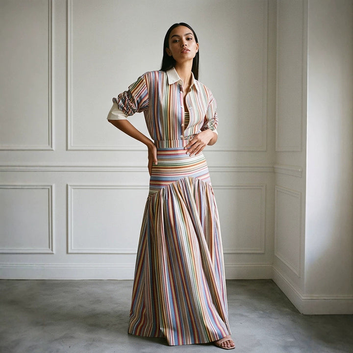Damen Maxikleid mit Hemdkragen, tailliertem Bund & mehrlagigem Stufenrock Drune
