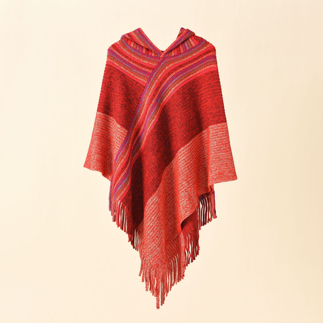Damen Kapuzen-Poncho im Grobstrick mit Fransensaum Drune