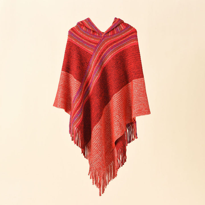 Damen Kapuzen-Poncho im Grobstrick mit Fransensaum Drune