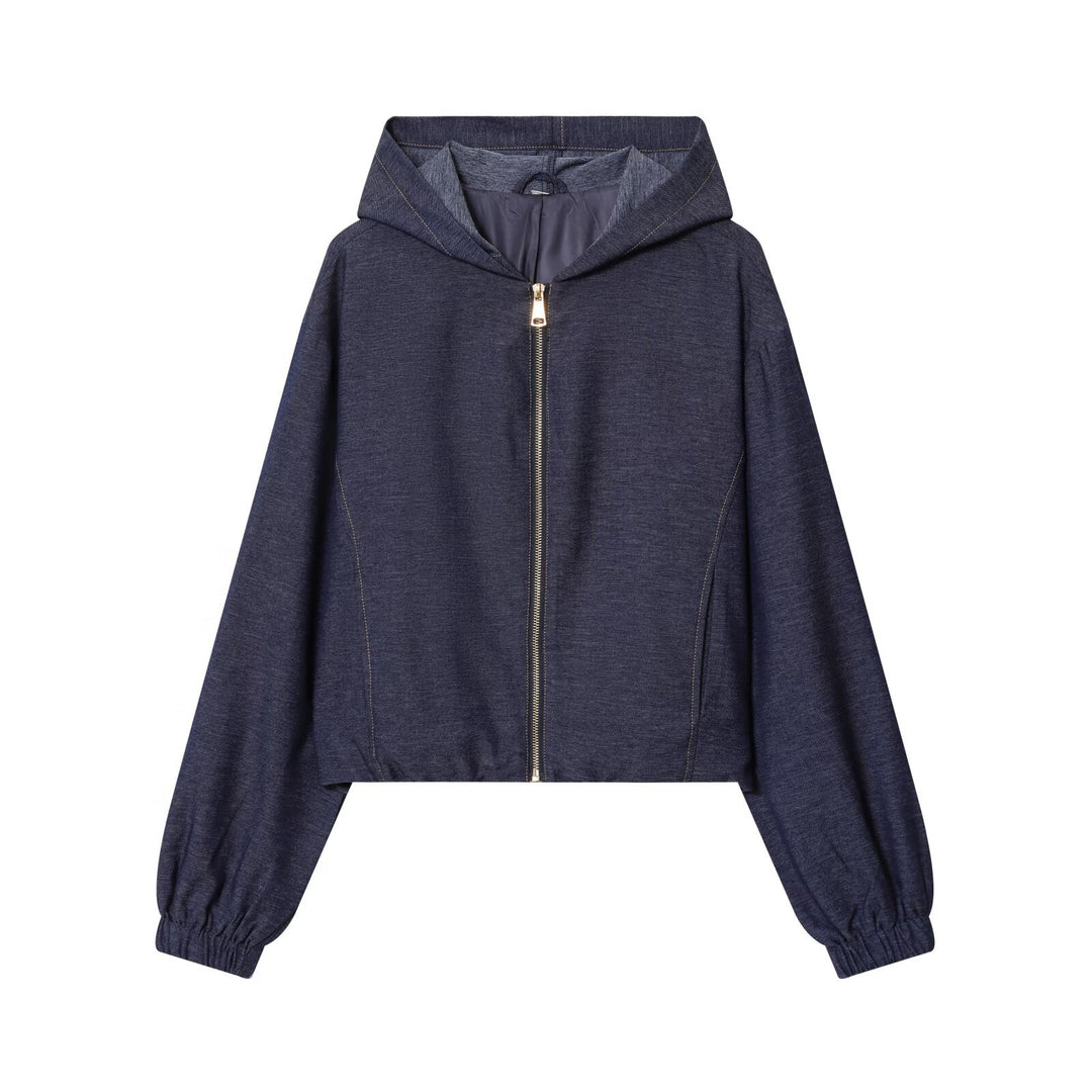 Damen Zweiteiler aus Denim‑Jersey Kapuzenjacke mit Reißverschluss und weiter Bundfaltenhose Drune