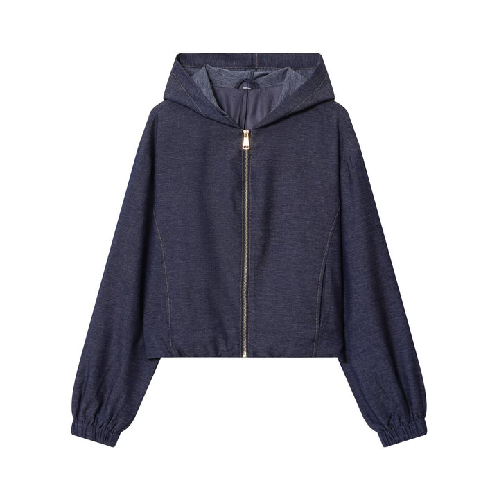 Damen Zweiteiler aus Denim‑Jersey Kapuzenjacke mit Reißverschluss und weiter Bundfaltenhose Drune