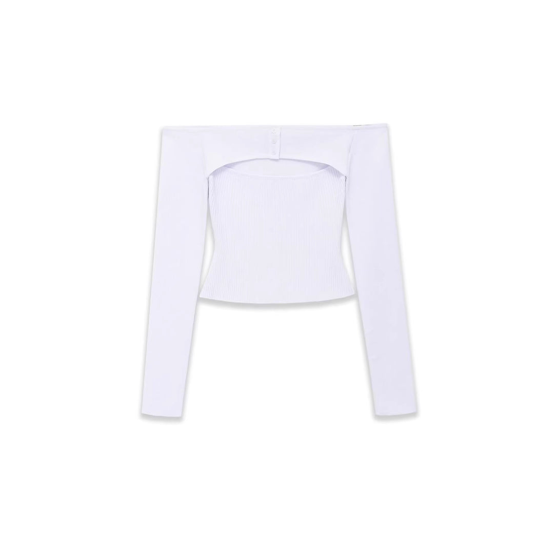 Damen Figurbetontes Off-Shoulder-Langarmtop mit integriertem Bolero und Feinstrick-Rippstruktur Drune