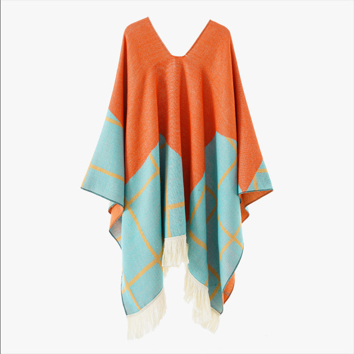Damen Ornamentaler Jacquard‑Poncho mit V‑Ausschnitt und Fransensaum Drune