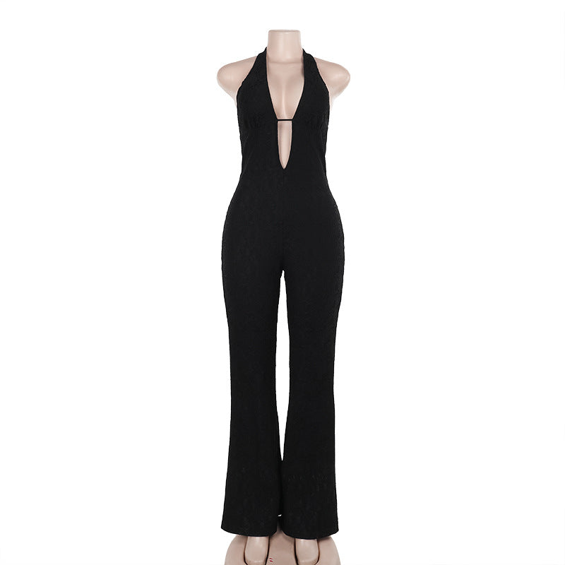 Damen eleganter Jumpsuit mit tiefem V-Ausschnitt und ausgestelltem Bein Drune