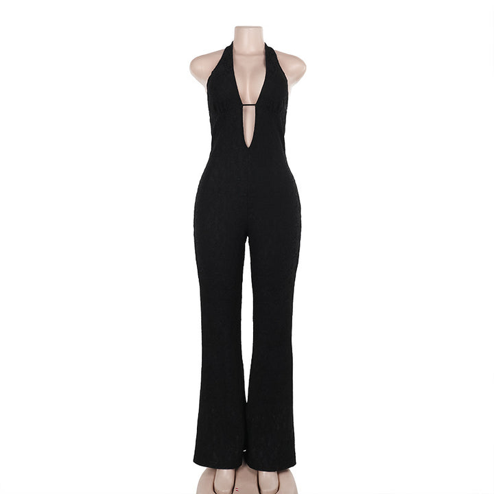Damen eleganter Jumpsuit mit tiefem V-Ausschnitt und ausgestelltem Bein Drune