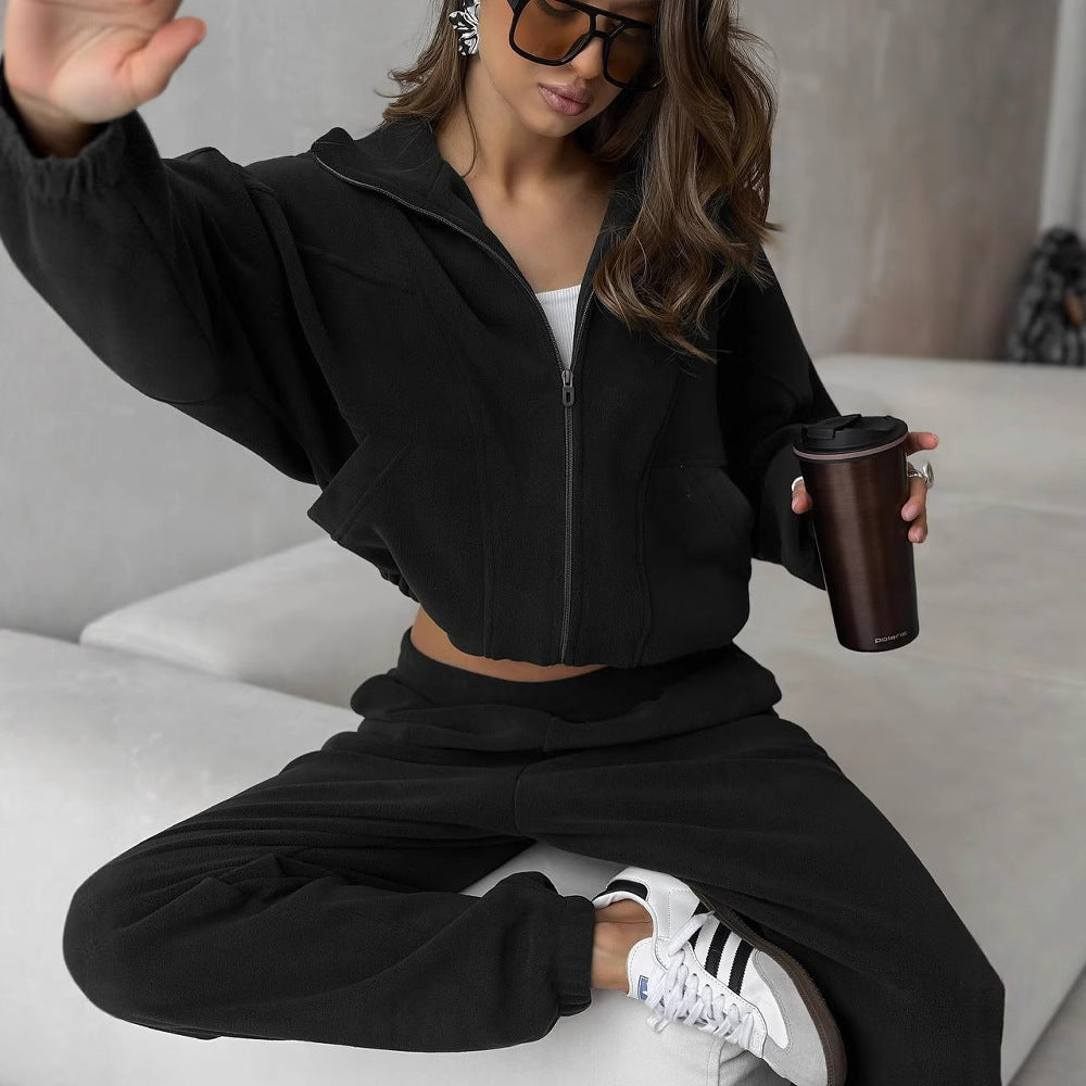 Damen kurzes Reißverschluss-Hoodie mit elastischem Bund und schmal zulaufender High-Waist-Jogginghose aus schwerem French-Terry Drune