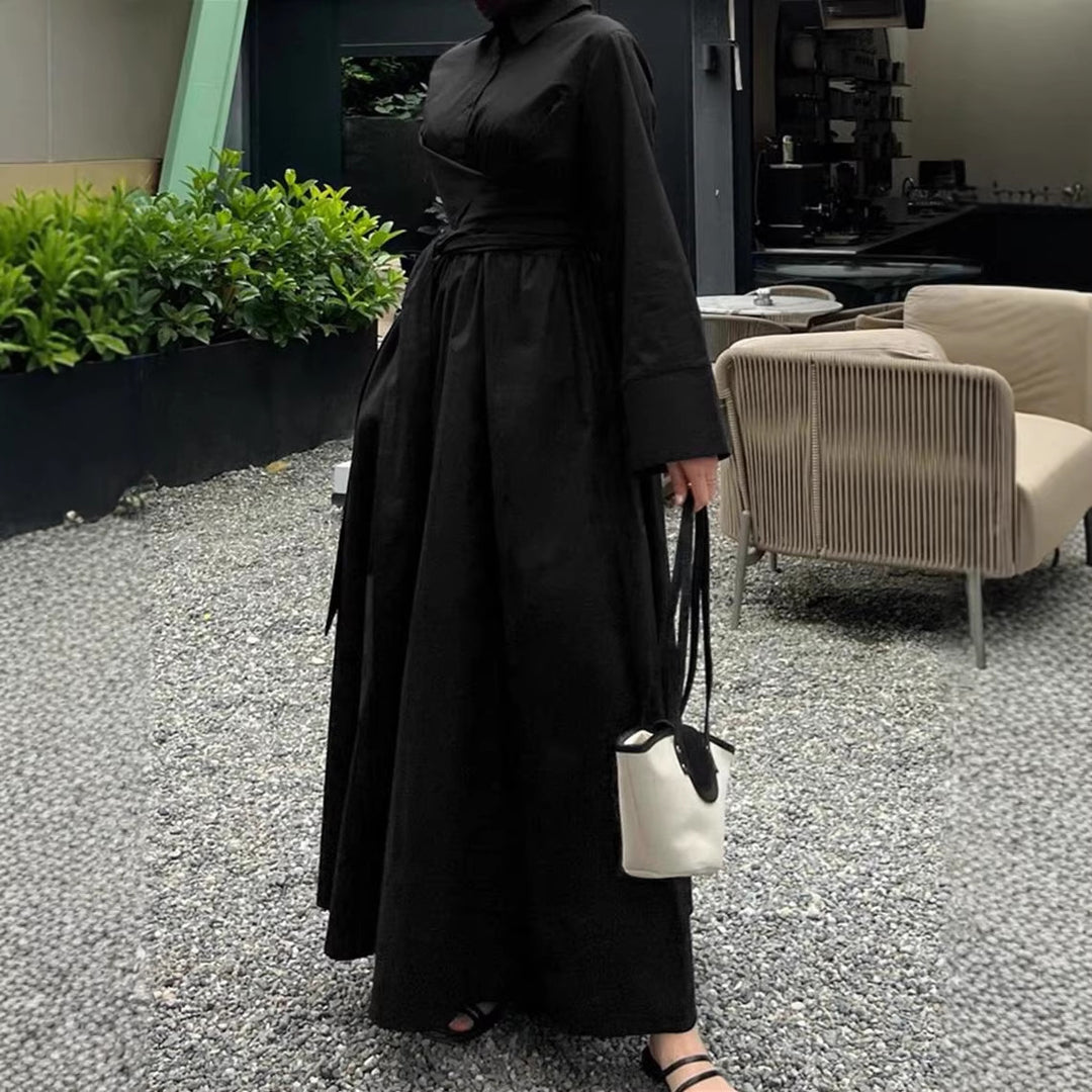 Damen Maxikleid im Hemdblusenstil mit Taillenwickel, weitem Tellerrock und breiten Manschetten Drune